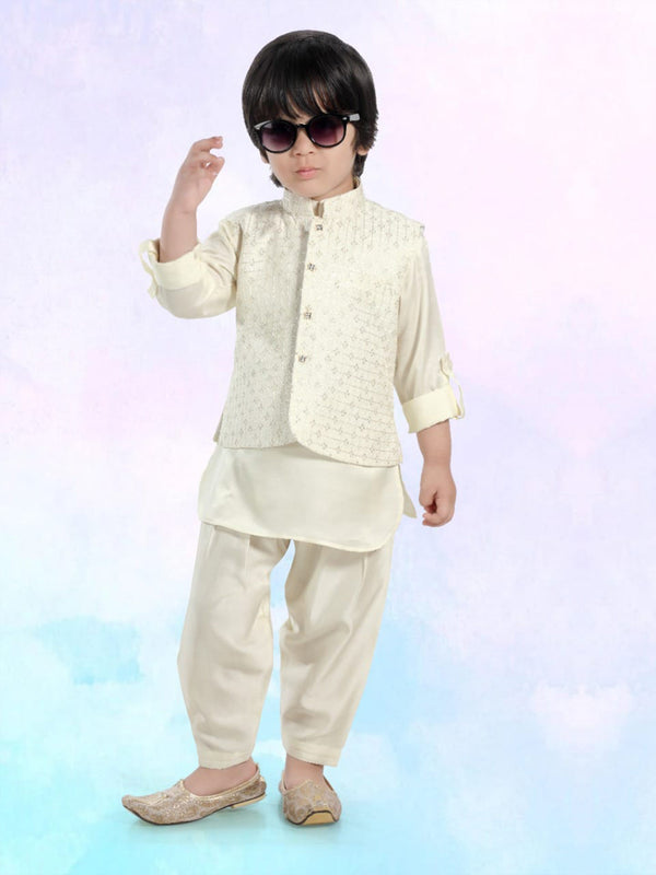 Boys Off-White Silk Pathani Set Adorned With Sleek Bandi