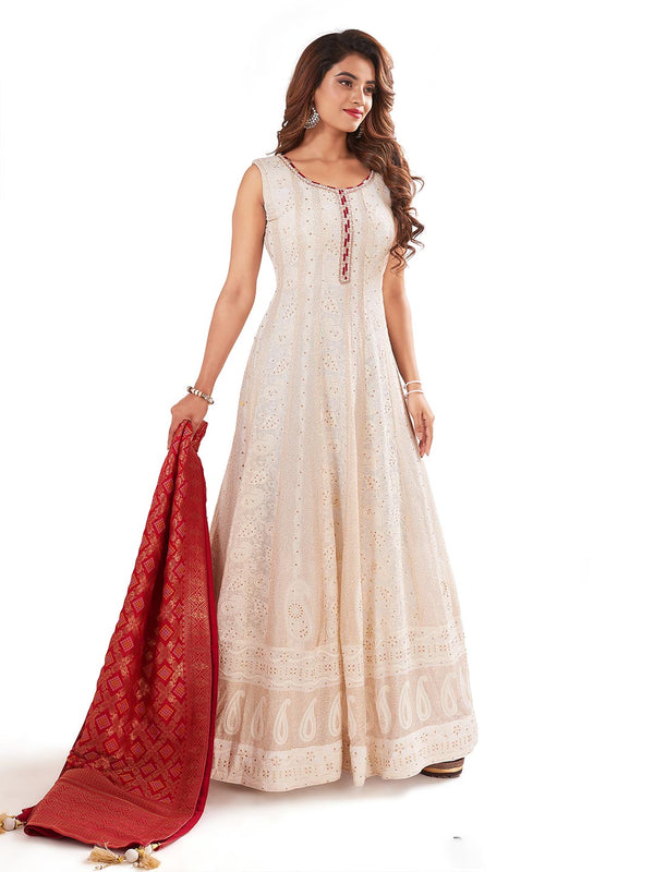 Mesmerizing White Embroidered Georgette Dress with Bright Red Zari Work Dupatta