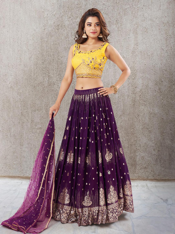 Royal Purple Sequenced Lehenga with Net Flared Dupatta and Sequenced Yellow Choli