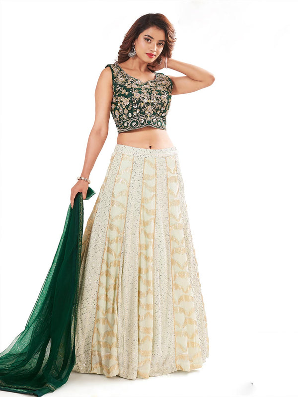 Phenomenal Off-white and Green Lehenga with Sequence Work