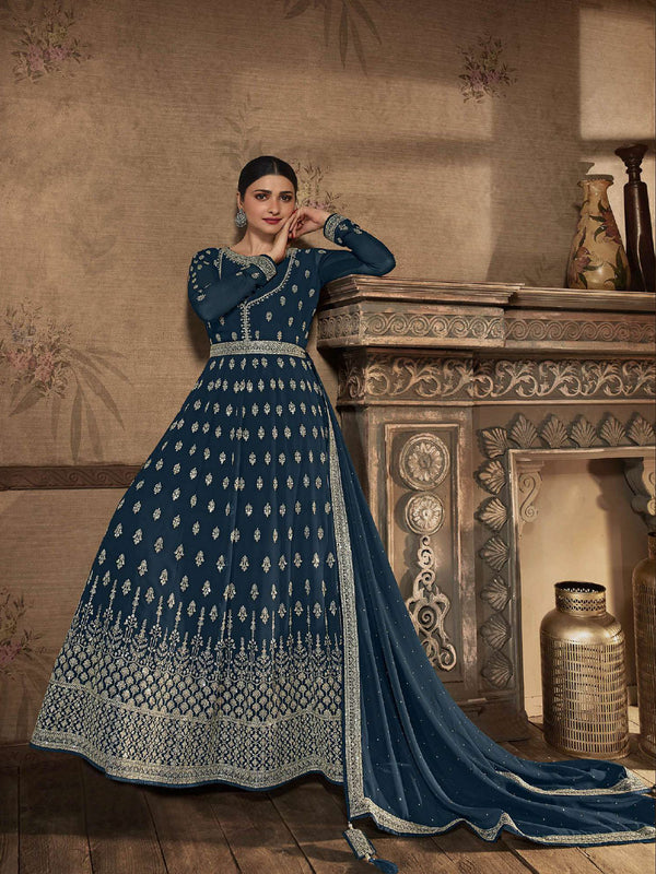 Queen-Style Embroidered Unstitched Gown in Blue Adorned with Exquisite Embroidery