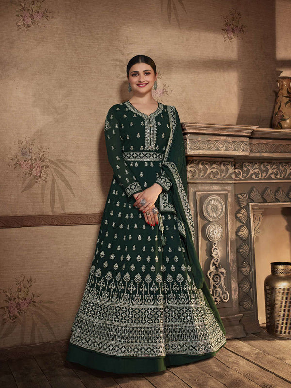 Women Dark Green Anarkali Style Unstitched Gown with Fine Embroidery