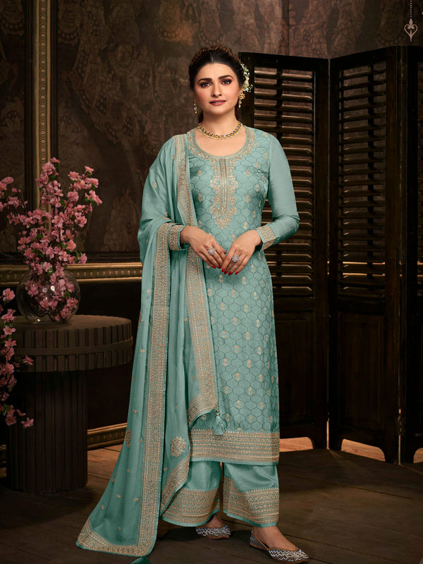 Elegant Powder Blue Silk Dress with Bordered Dupatta