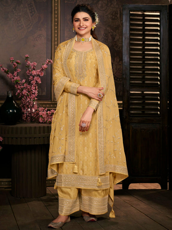 Soothing Yellow Threadwork Silk Dress with Heavy Dupatta