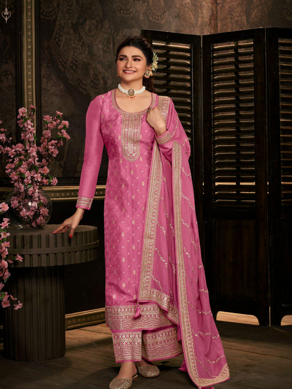 Fuschia Pink Silk Dress with Exquisite Golden Embroidery all Over