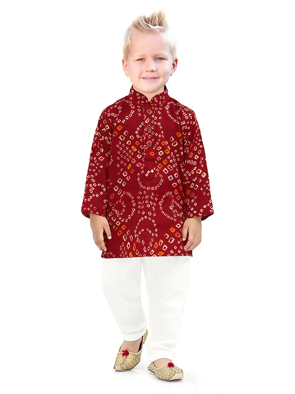 Bandhani Style Traditional Kurta in Maroon with White Pyjama