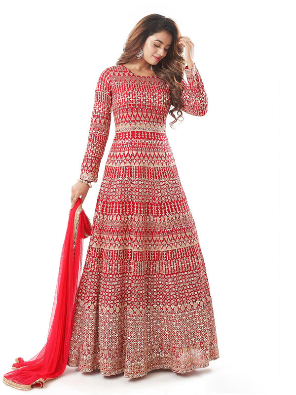 Red Exquisite Embroidery Dress with Net Flared Dupatta