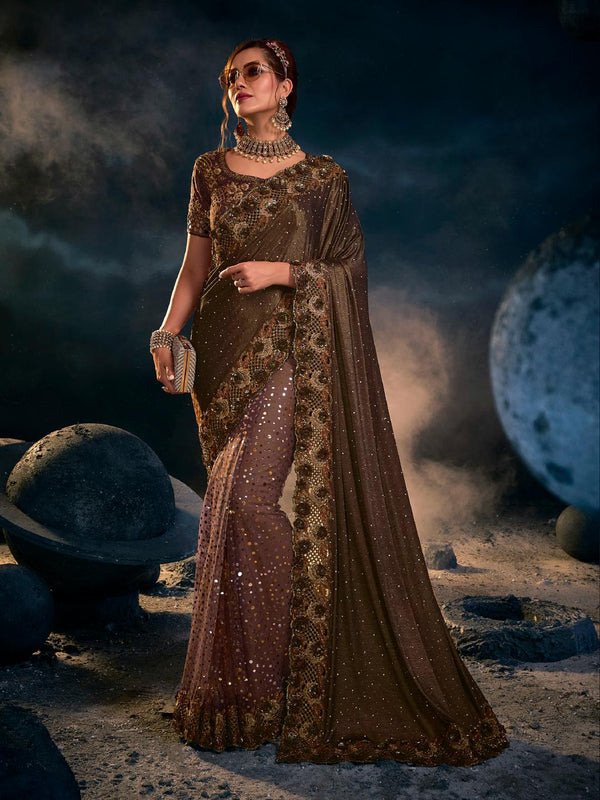 Chocolate Brown Imported Sequence Pallu with Zari Work all Over