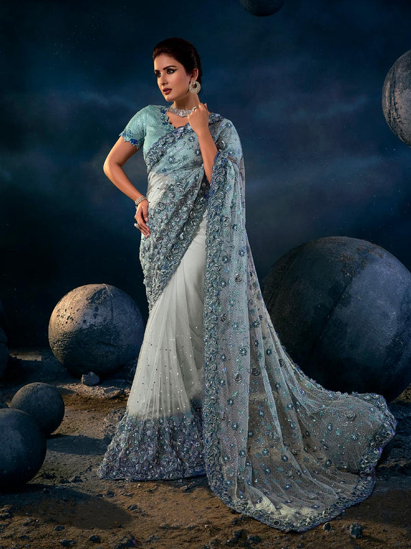 Grey Digital Net Saree With Thread Sequence Heavy Work all Over
