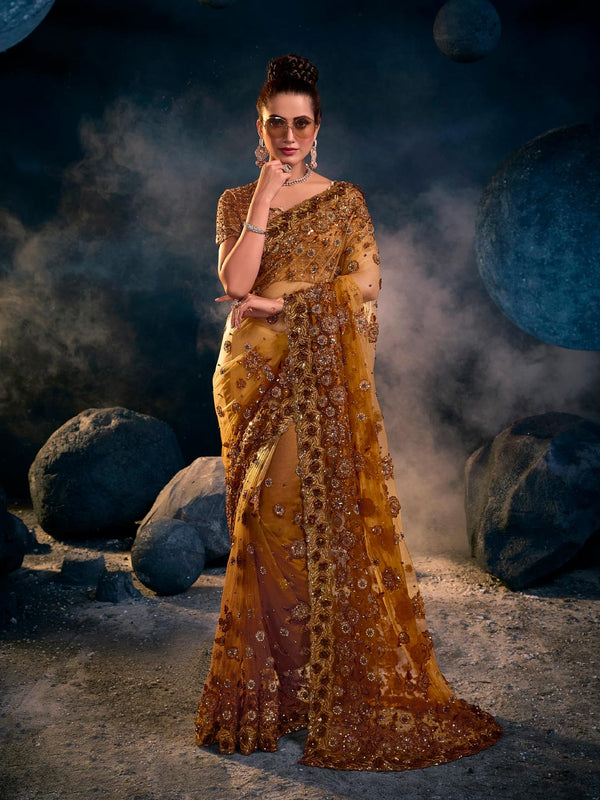 Mustard Yellow Digital Net Saree With Heavy Work all Over