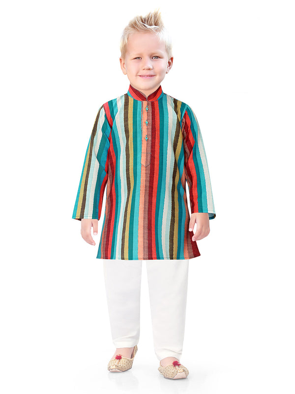 Boys Long Stripped Multi-Coloured Kurta in Silk with White Pyjama