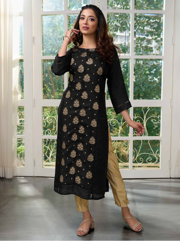 Classy Long Kurti in Black with Floral Embroidery and Lace