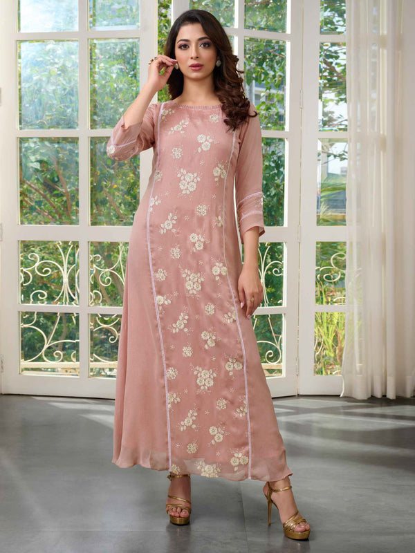 Pastel Peach Long Straight Gown with Floral Embroidered Panel