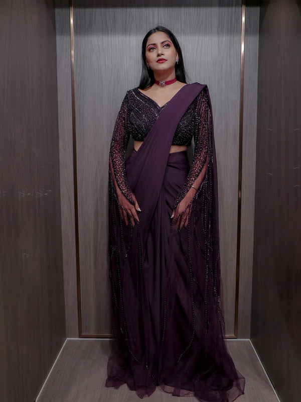 Lycra Fabric Ready-To-Wear Saree in Wine Color