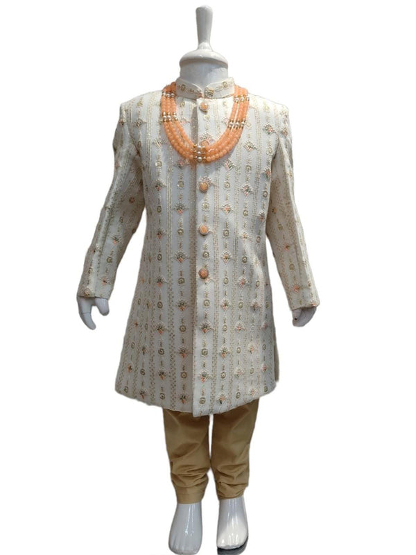 Coveted Cream and Gold Sherwani Set for Boys Adorned with Elegant Embroidery