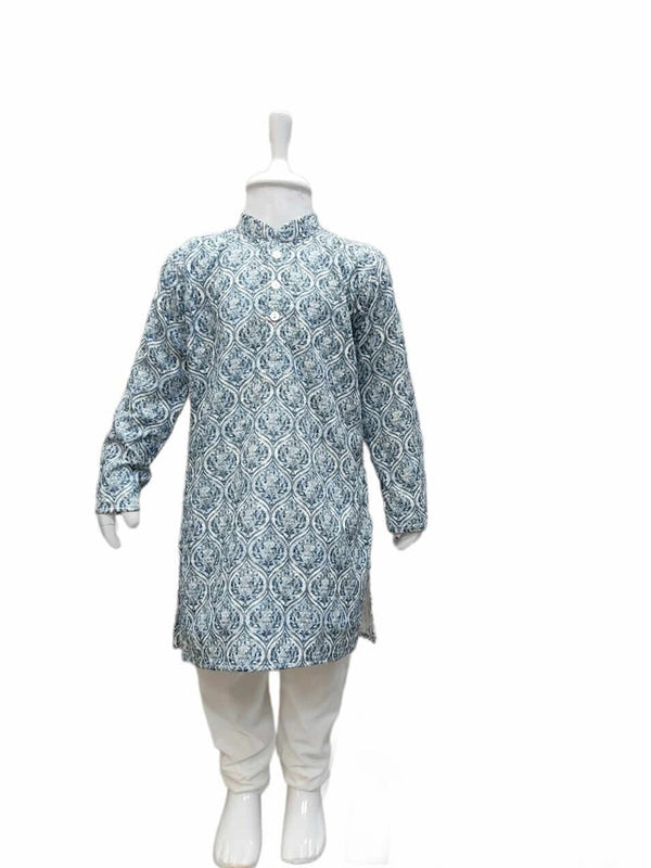 Fantastic Blue and White Printed Silk Kurta Set for Boys