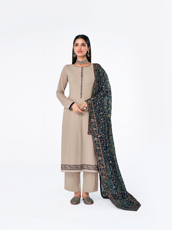 Stunningly Matched Beige and Green Georgette Unstitched Dress for Women