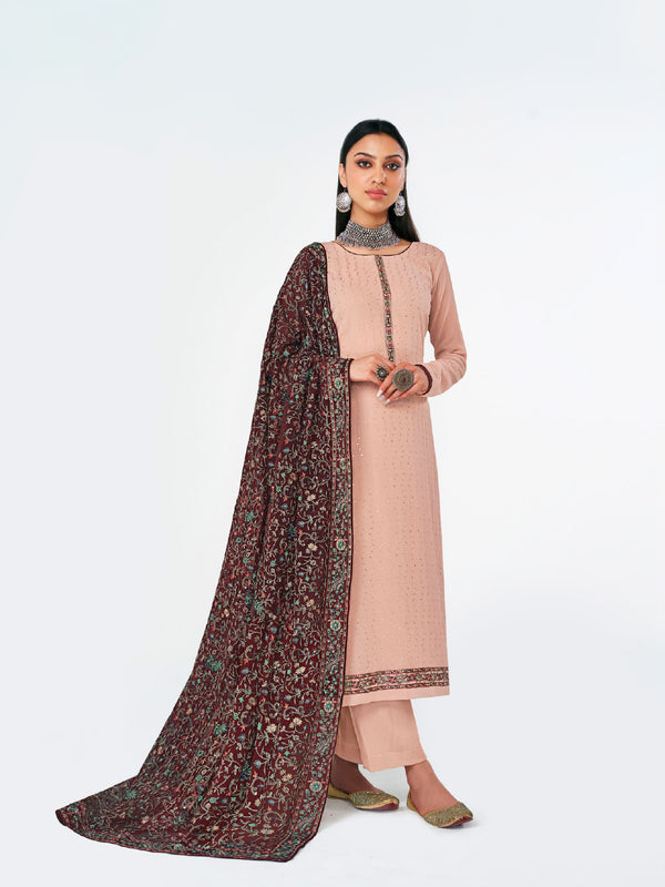 Gorgeous Georgette Unstitched Dress in Peach Paired with Thread Work Dupatta in Maroon