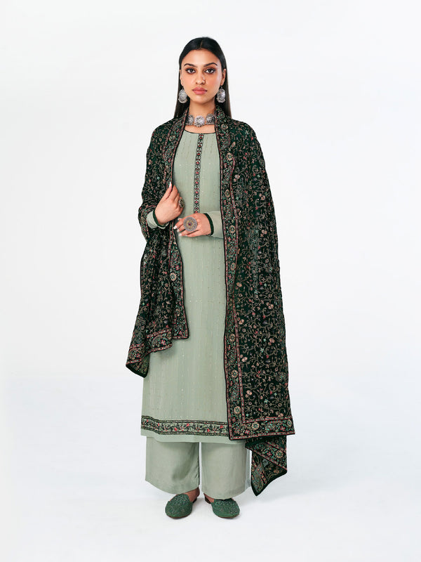 Fantastic Monochromatic Green Unstitched Georgette Fabric for Dress with Fine Detailed Dupatta