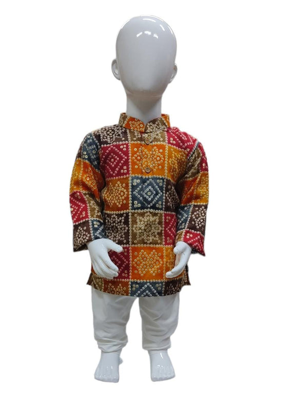 Multi-Coloured Block Style Printed Silk Kurta Adorned with White Churidar