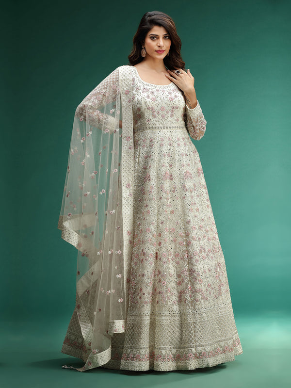 Cream Long Gown With Full Resham Embroidery and Stone Work