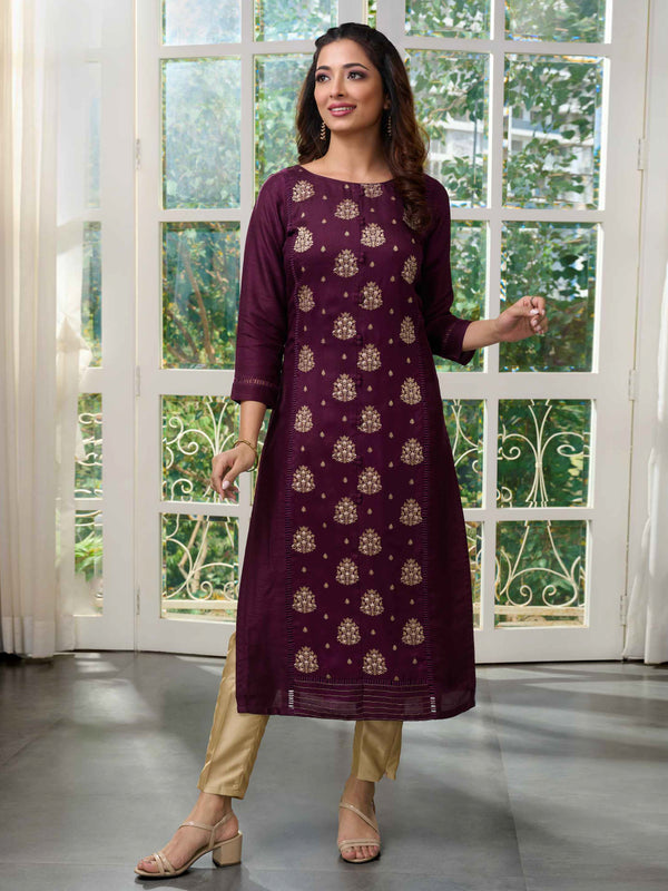 Royal Violet Straight Fit Kurti for Women with Floral Embroidery