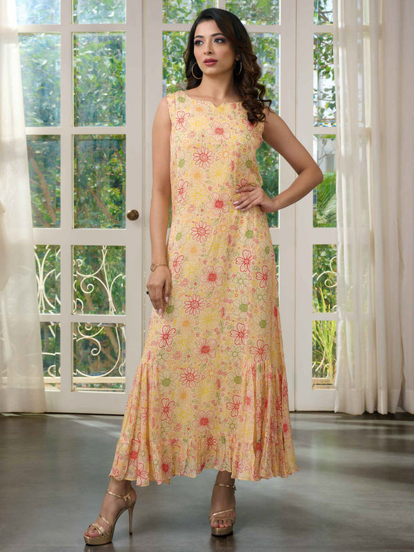 Soothing Yellow Frilled Gown with Multi-Colored Floral Print all Over