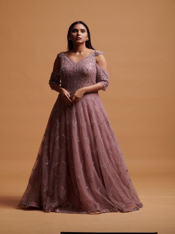 Heavily Embellished Mauve Net Gown With Mirror & Diamond Work