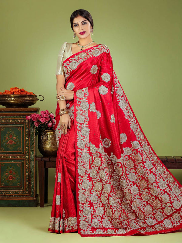 Sparkling Red Designer Silk Saree With Heavy Silver Work