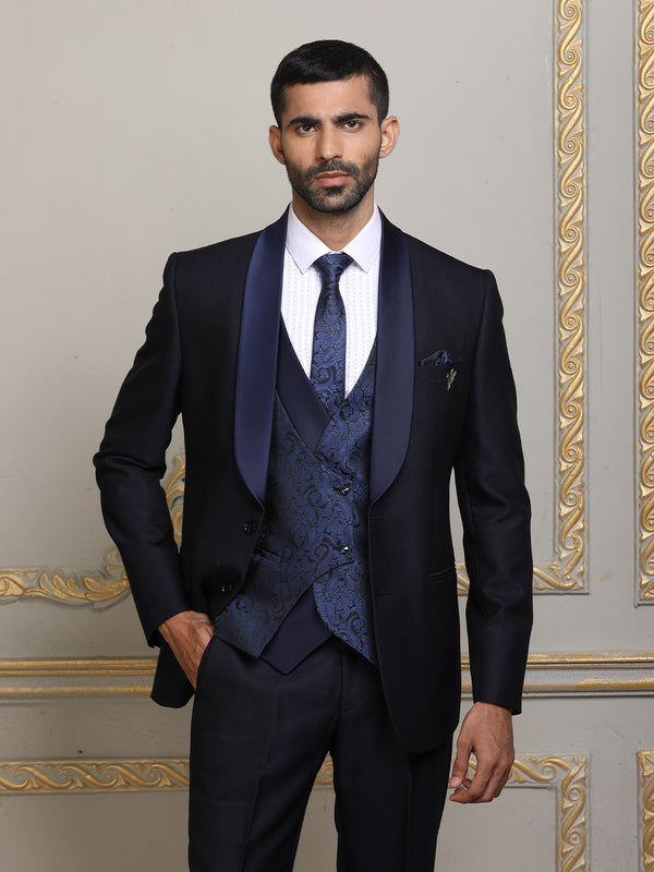 Imported Mens Suit In Dark Blue With Printed Waistcoat & Tie