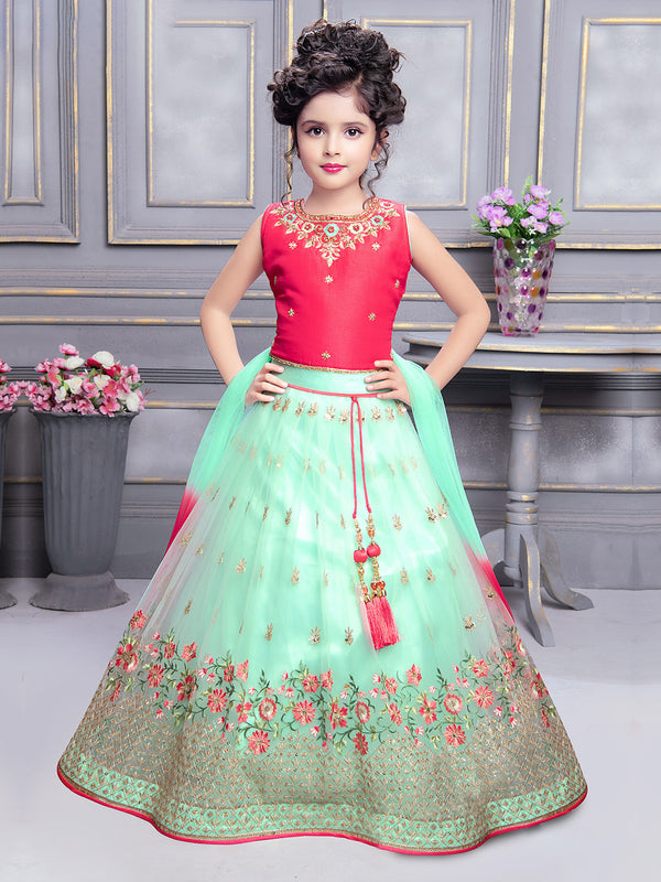 Magnificient Pistachio Green Georgette Lehenga Adorned with Red Sleeveless Top and Shaded Dupatta