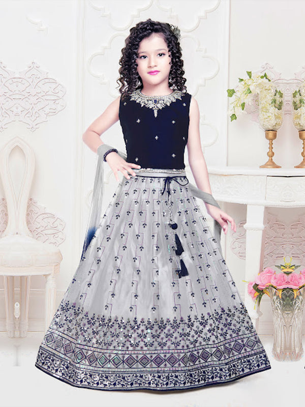 Coveted Grey Threadwork Lehenga Matched with Navy Blue Choli