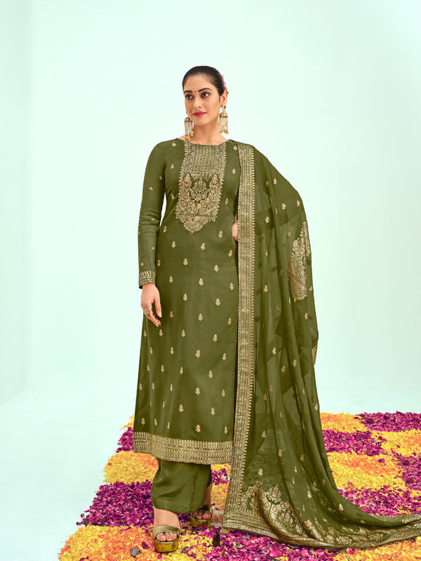 Handcrafted Silk Mehendi Green Printed Unstitched Dress for Women
