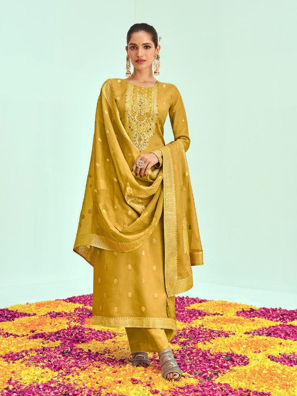 Bright Mustard Shade Unstitched Silk Dress with Matte Gold Detailing