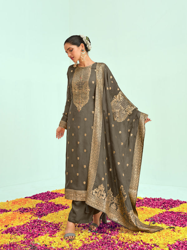 Banarasi Style Women Unstitched Silk Dress with Explicit Gold Print all Over