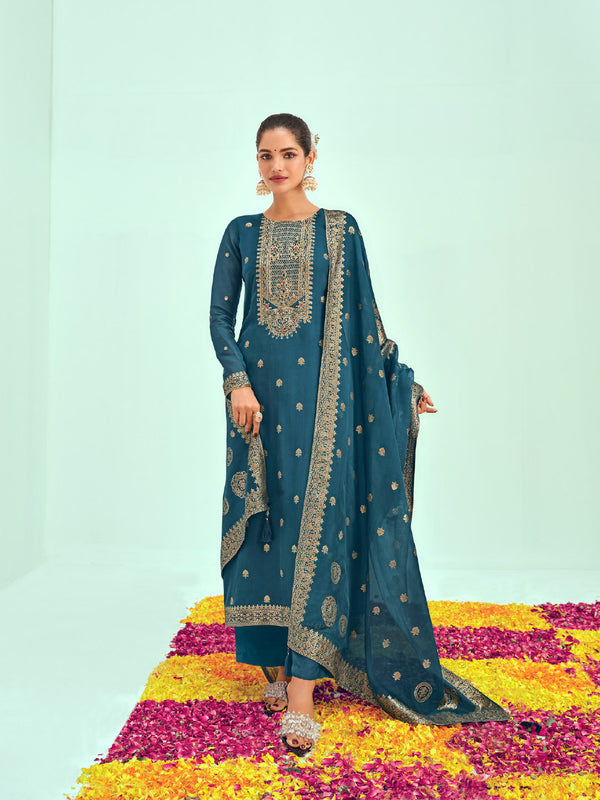 Marvellous Blue Unstitched Silk Dress for Women with Fine Golden Prints