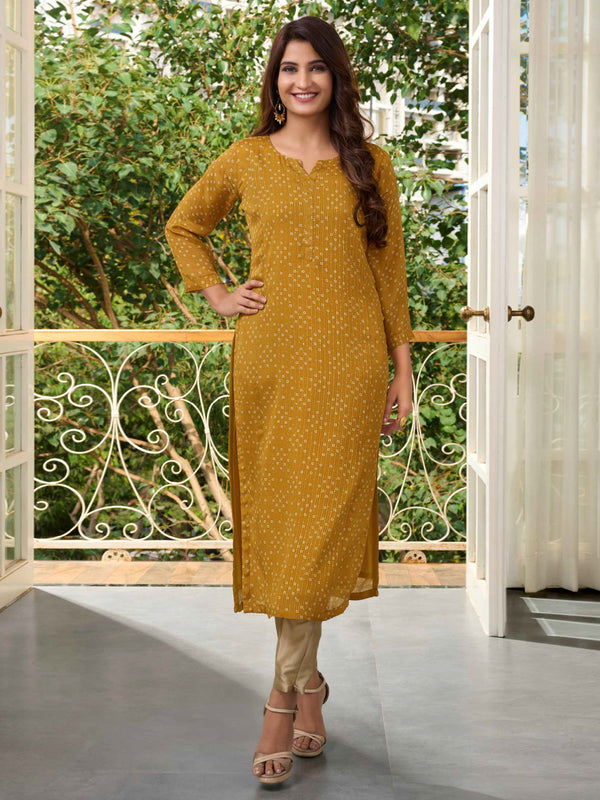Mustard Yellow Fitted Kurti with Minimal White Print all Over