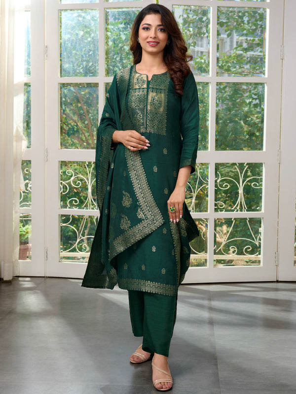 Banarasi Style Zari Work Silk Pant Kurta Set in Dark Green