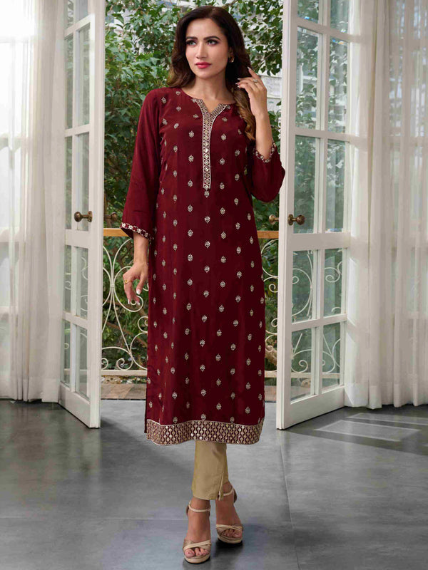 Traditional Maroon Long Kurti Enriched with Golden Boota Work