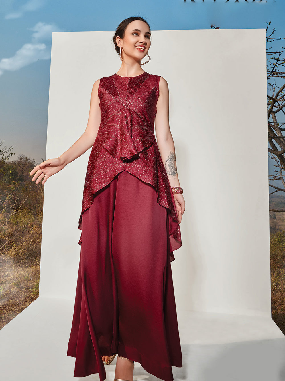 Dark Red Art Silk Printed Gown