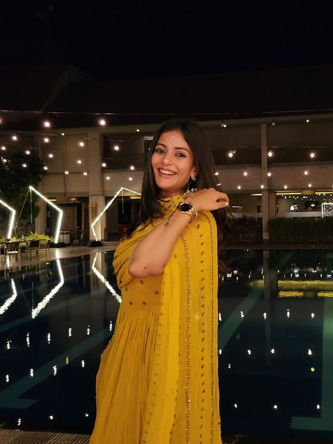 Jinal Padia in Mesmerizing Yellow Long Gown – Suvidha Fashion