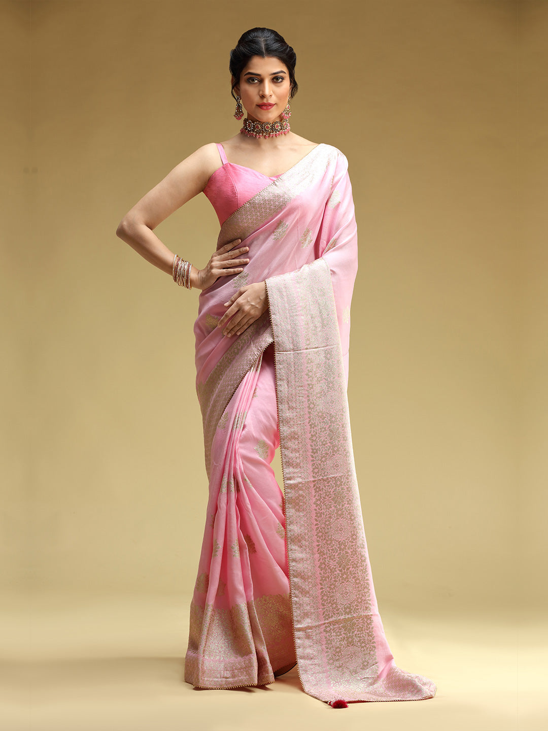 Order Pink Soft Tissue Linen Saree Online from Beatitude