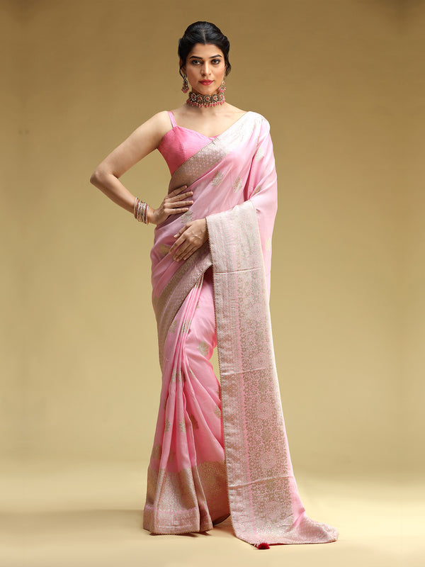 Baby Pink Dola Silk Saree With Golden Floral Prints