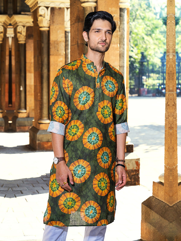Royal Green Long Kurta Endorsed with Orange and Blue Bandhani Print