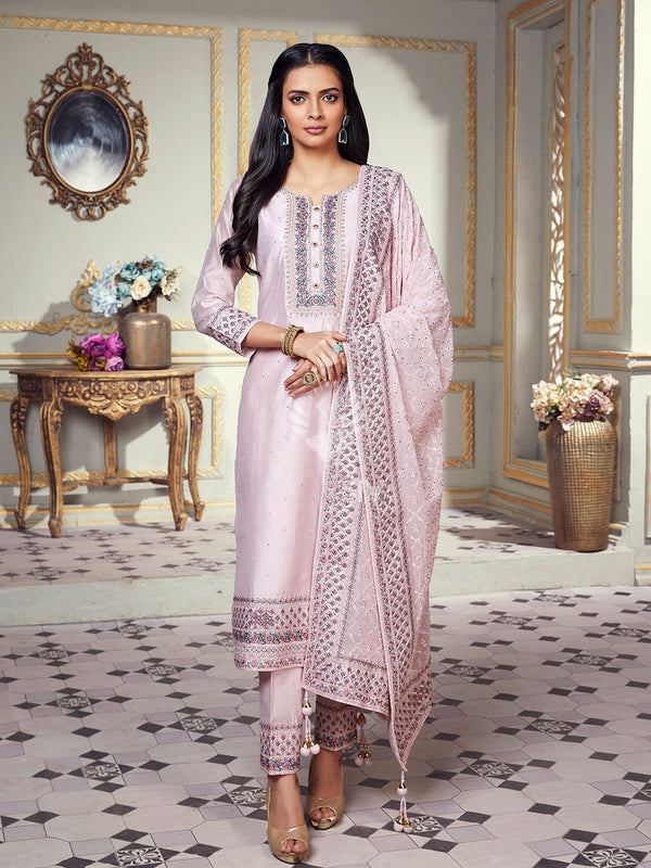 Women Ready to Wear Suit in Soft Pink Hue and Minimal Threadwork