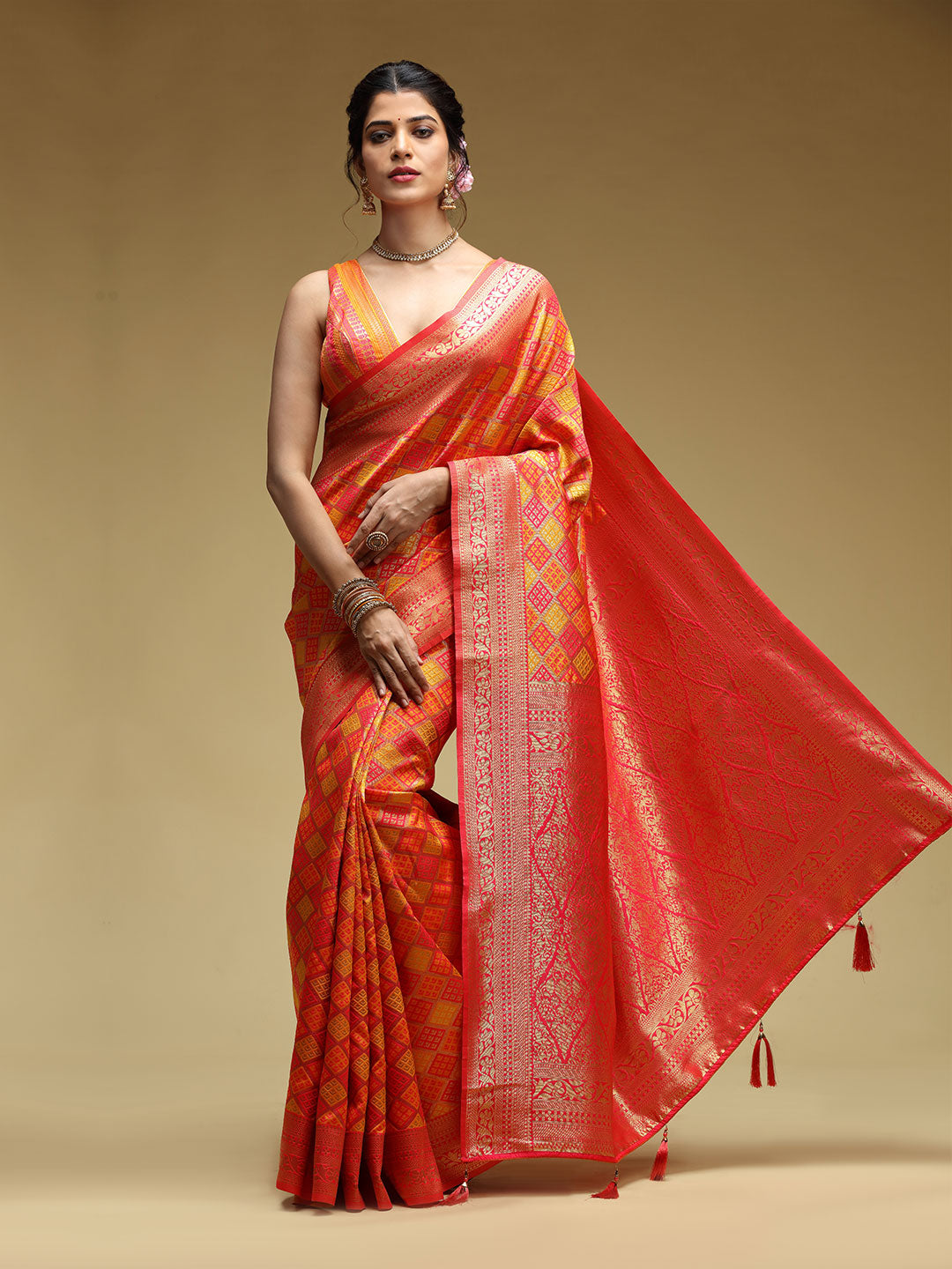 Banarasi Silk Base Red Color Silk Weave Saree With Sleeveless Blouse