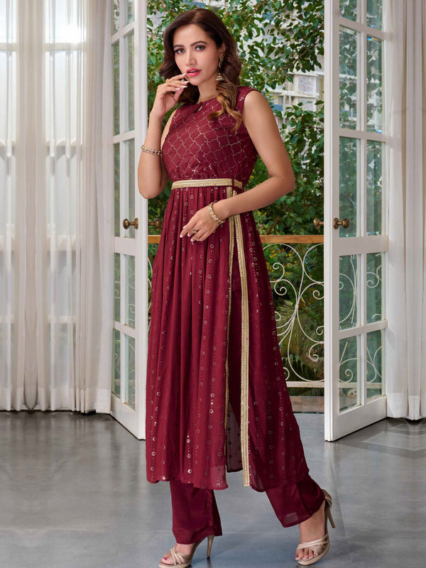 Embellished Maroon Traditional Kurti for Women
