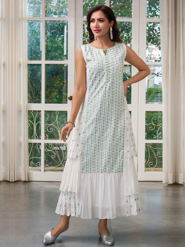 Coveted White Sleeveless Kurti Enriched with Blue Embroidery