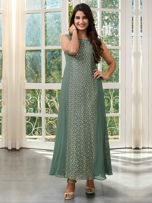 Green Gown Style Long Kurti with Embellished Front Panel