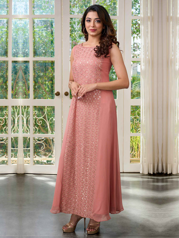 Peach Sequined Gown Style Kurti for Women